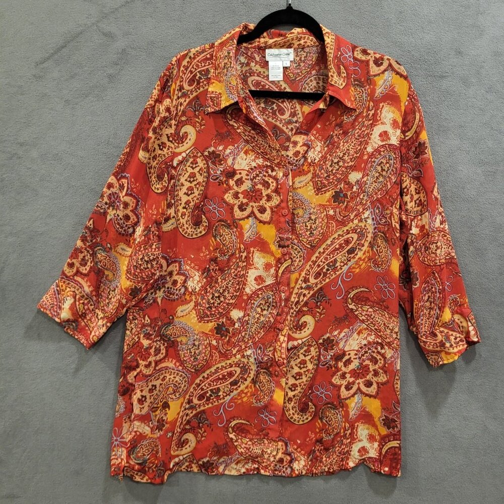 Coldwater Creek Red Orange Paisley Semi Sheer Button-Up Blouse